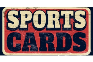 A cream, black, and red graphic sign styled to look wooden with the text "SPORTS CARDS" in the middle.