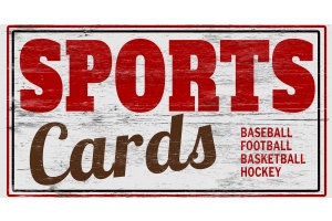 A graphic meant to look like a wooden sign with the text "SPORTS CARDS" in white, red, and brown colors.