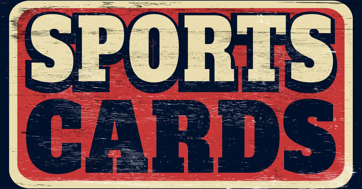 A cream, black, and red graphic sign styled to look wooden with the text "SPORTS CARDS" in the middle.