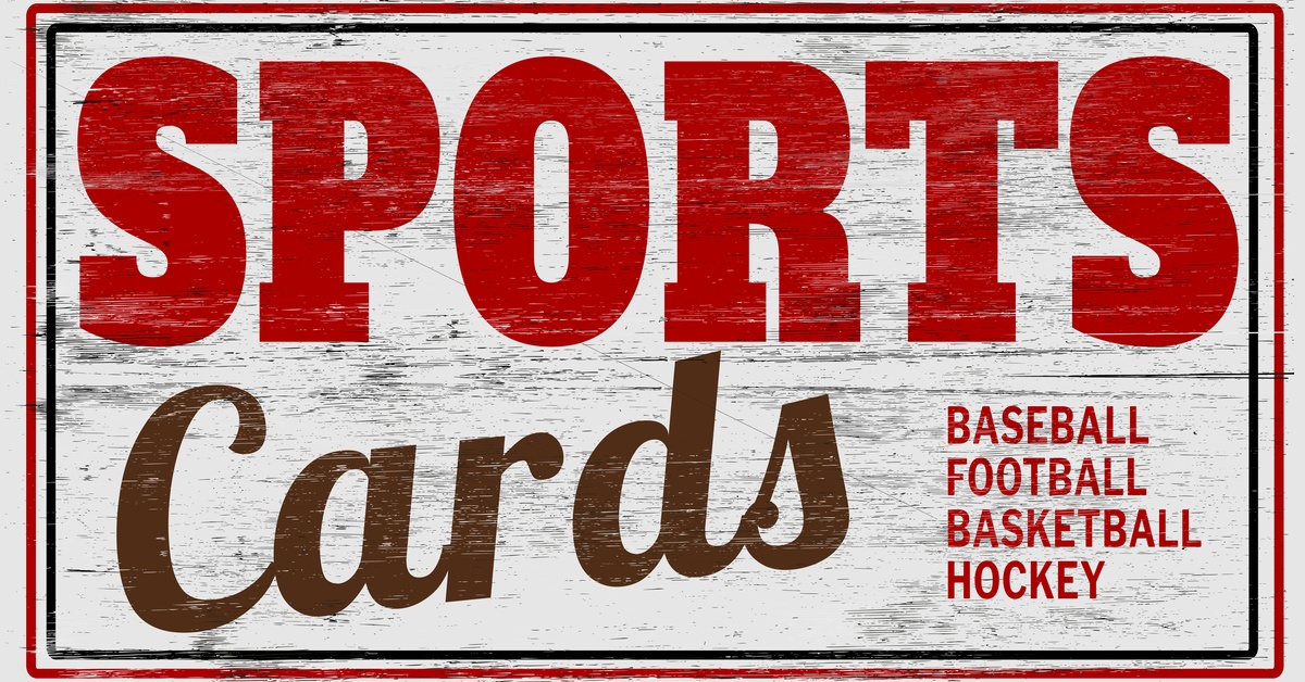 A graphic meant to look like a wooden sign with the text "SPORTS CARDS" in white, red, and brown colors.
