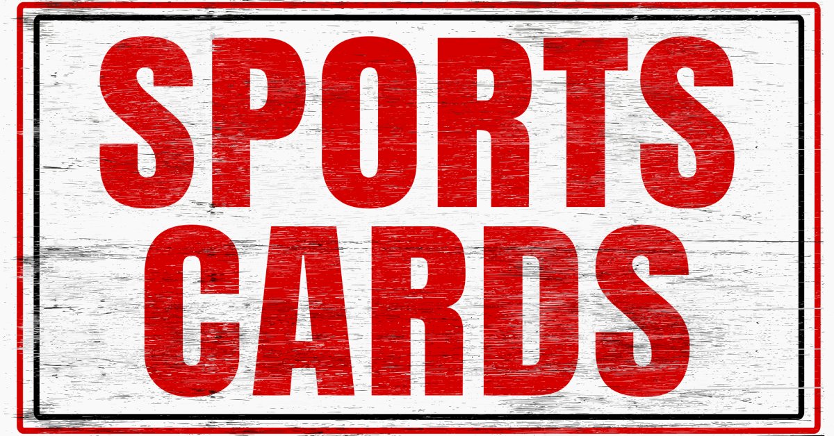 A white-painted distressed wooden sign with red text, "SPORTS CARDS" with a red and black line of frame.