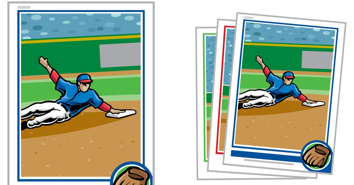 A single baseball card next to a stack of three baseball cards showing a player sliding and reaching for the base.