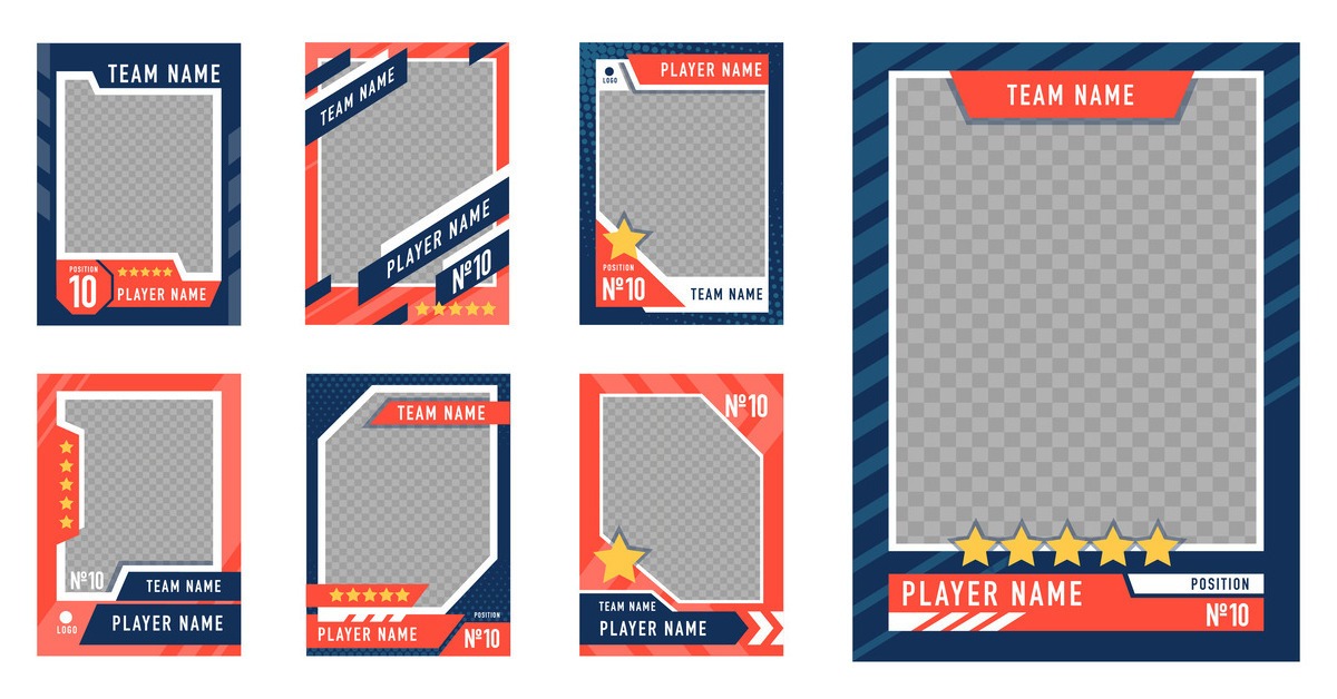 A template set of blank orange and blue sports trading cards featuring the player name, team name, player number, and more.