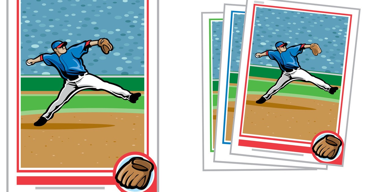 A graphic rendering of a baseball card featuring a pitcher in mid-pitch next to a series of three of the same card.